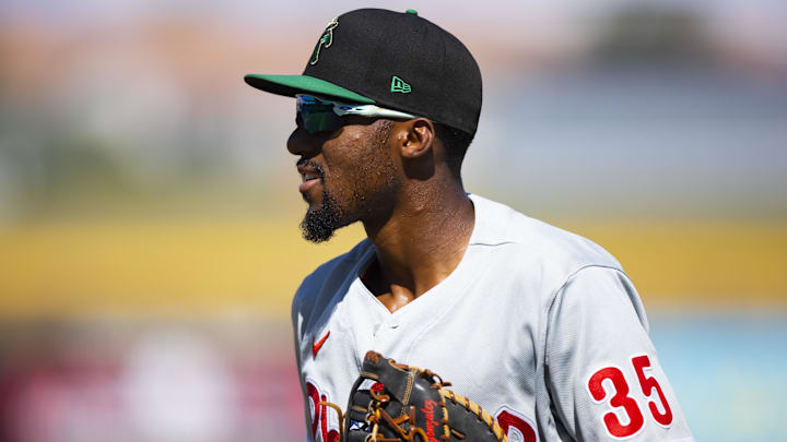 Oct 7, 2022; Peoria, Arizona, USA; Philadelphia Phillies first baseman Carlos De La Cruz (35) plays for the Surprise Saguaros during an Arizona Fall League baseball game at Peoria Sports Complex.