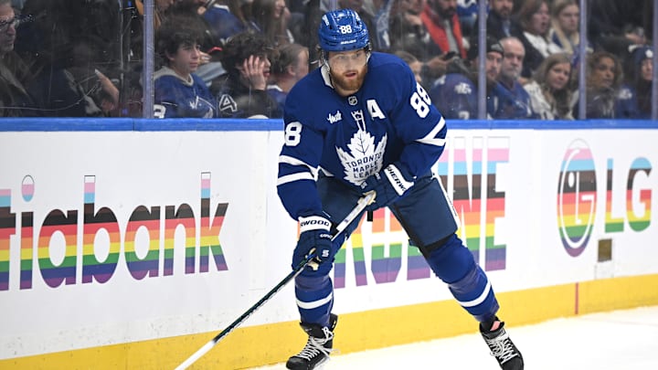 Nov 18, 2025; Toronto, Ontario, CAN;  Toronto Maple Leafs forward William Nylander (88) skates with the puck against the St. Louis Blues in the third period at Scotiabank Arena. Mandatory Credit: Dan Hamilton-Imagn Images