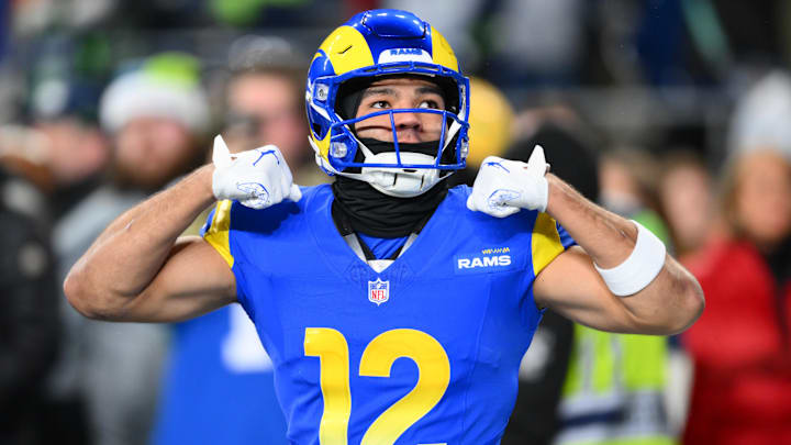 Dec 18, 2025; Seattle, Washington, USA; Los Angeles Rams wide receiver Puka Nacua (12) warms up before the game against the Seattle Seahawks at Lumen Field. Mandatory Credit: Steven Bisig-Imagn Images