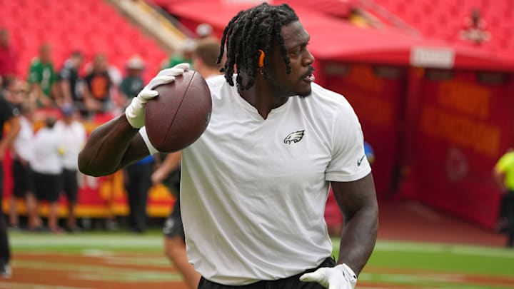 Philadelphia Eagles wide receiver A.J. Brown warms up prior to the game against the Kansas City Chiefs.
