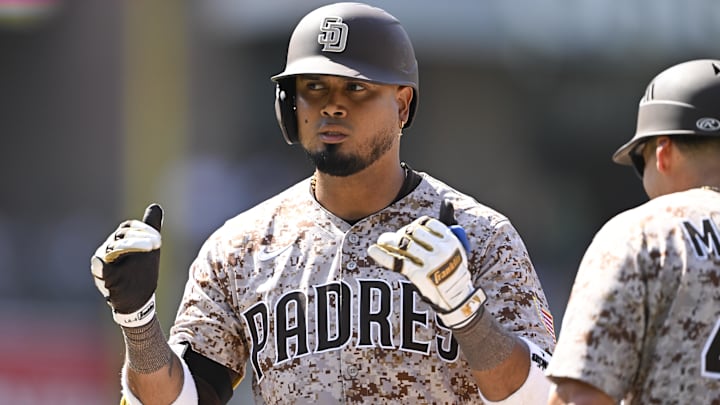 Aug 10, 2025; San Diego, California, USA; San Diego Padres first baseman Luis Arraez (4) gestures after hitting a single during the seventh inning against the Boston Red Sox at Petco Park. Mandatory Credit: Denis Poroy-Imagn Images Aug 10, 2025; San Diego, California, USA; San Diego Padres first baseman Luis Arraez (4) gestures after hitting a single during the seventh inning against the Boston Red Sox at Petco Park. Mandatory Credit: Denis Poroy-Imagn Images