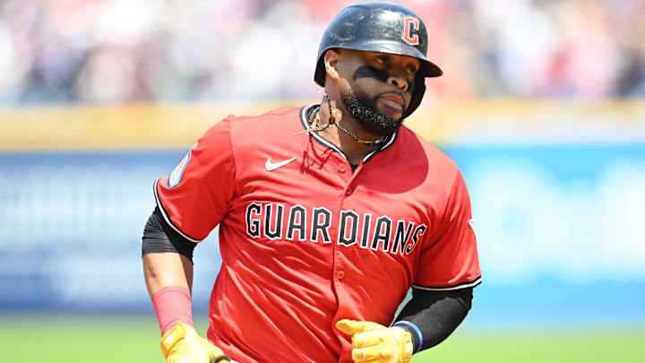 Jun 11, 2025; Cleveland, Ohio, USA; Cleveland Guardians first baseman Carlos Santana (41) rounds the bases after hitting a grand slam home run during the third inning against the Cincinnati Reds at Progressive Field. Mandatory Credit: Ken Blaze-Imagn Images