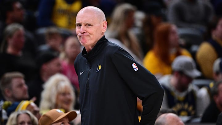 Apr 11, 2025; Indianapolis, Indiana, USA; Indiana Pacers head coach Rick Carlisle reacts to a call during the second half against the Orlando Magic at Gainbridge Fieldhouse. Mandatory Credit: Marc Lebryk-Imagn Images