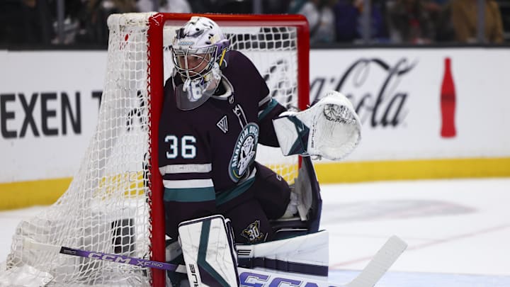 Mar 19, 2024; Anaheim, California, USA; Anaheim Ducks goaltender John Gibson (36) looks on during the first period of a game against the Minnesota Wild at Honda Center. Mandatory Credit: Jessica Alcheh-Imagn Images