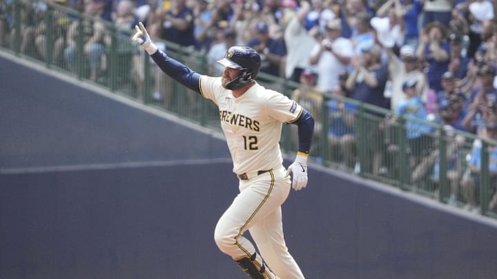 Jun 11, 2025; Milwaukee, Wisconsin, USA; Milwaukee Brewers first baseman Rhys Hoskins (12) rounds the bases after hitting a home run against the Atlanta Braves in the second inning at American Family Field. Mandatory Credit: Michael McLoone-Imagn Images Jun 11, 2025; Milwaukee, Wisconsin, USA; Milwaukee Brewers first baseman Rhys Hoskins (12) rounds the bases after hitting a home run against the Atlanta Braves in the second inning at American Family Field. Mandatory Credit: Michael McLoone-Imagn Images