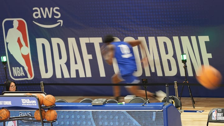 May 11, 2026; Chicago, IL, USA; Rueben Chinyelu participates in the 2026 NBA Draft Combine at Wintrust Arena. Mandatory Credit: David Banks-Imagn Images