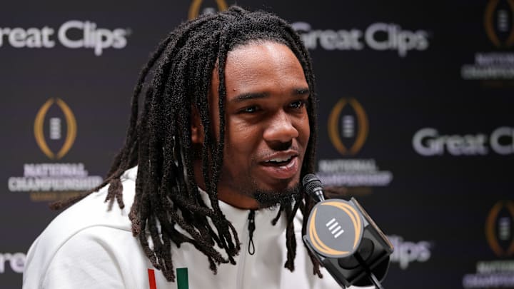 Jan 17, 2026; Miami Gardens, FL, USA; Miami Hurricanes running back Mark Fletcher Jr. (4) during media day for the 2025 College Football Playoff National Championship at Miami Beach Convention Center. Mandatory Credit: Sam Navarro-Imagn Images