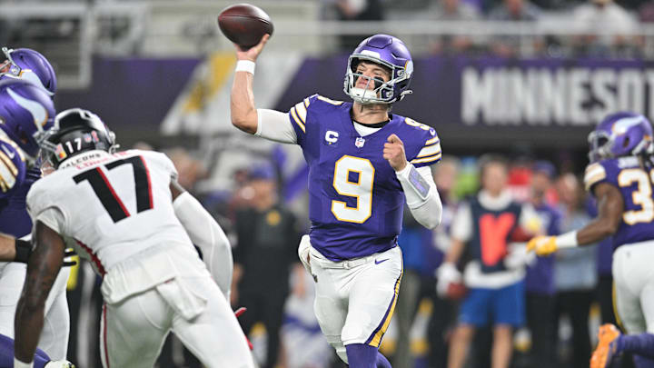 Sep 14, 2025; Minneapolis, Minnesota, USA; Minnesota Vikings quarterback J.J. McCarthy (9) throws a pass during the first half against the Atlanta Falcons at U.S. Bank Stadium.