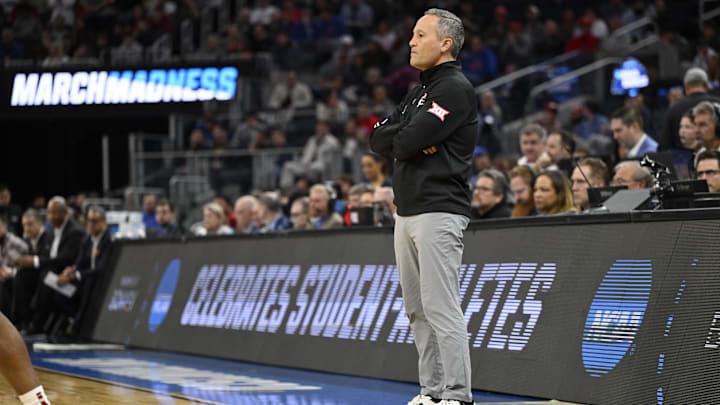Mar 27, 2025; San Francisco, CA, USA; Texas Tech Red Raiders head coach Grant McCasland watches play downcourt during the first half against the Arkansas Razorbacks during a West Regional semifinal of the 2025 NCAA tournament at Chase Center. Mandatory Credit: Eakin Howard-Imagn Images