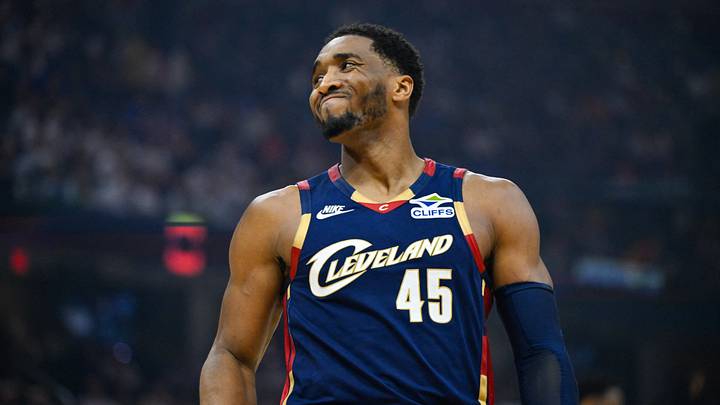 Cleveland Cavaliers guard Donovan Mitchell (45) smiles Cleveland Cavaliers guard Donovan Mitchell (45) smiles