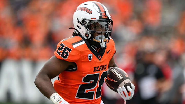 Sep 6, 2025; Corvallis, Oregon, USA; Oregon State Beavers running back Salahadin Allah (26) runs the ball during the second quarter against the Fresno State Bulldogs at Reser Stadium.