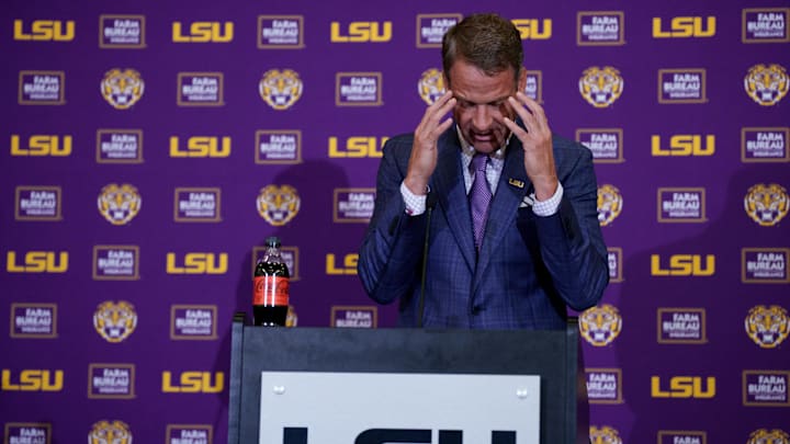 Dec 1, 2025; Baton Rouge, LA, USA; LSU new head coach Lane Kiffin speaks at South Stadium Club at Tiger Stadium. Mandatory Credit: Matthew Hinton-Imagn Images