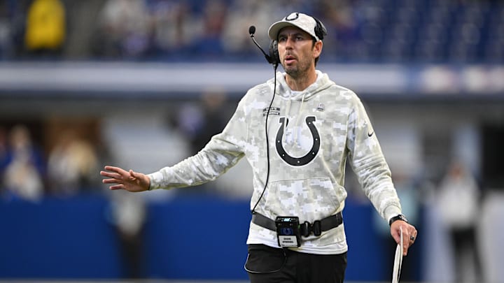 Nov 10, 2024; Indianapolis, Indiana, USA;  Indianapolis Colts Indianapolis Colts head coach Shane Steichen walks on the field during the second half against the Buffalo Bills at Lucas Oil Stadium. Mandatory Credit: Marc Lebryk-Imagn Images