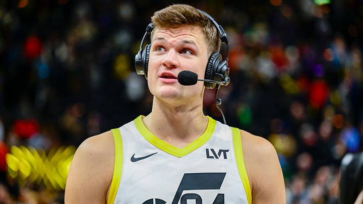 Nov 25, 2023; Salt Lake City, Utah, USA; Utah Jazz center Walker Kessler (24) is interviewed after a game agains the New Orleans Pelicans at Delta Center. Mandatory Credit: Christopher Creveling-USA TODAY Sports