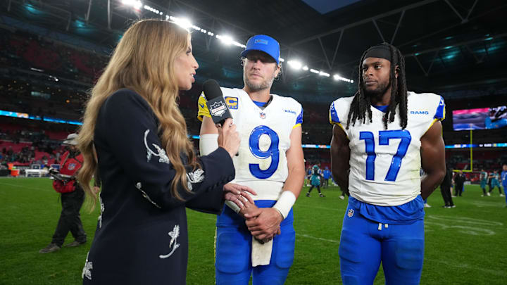 Oct 19, 2025; London, United Kingdom; NFL Network reporter Sara Walsh (left) interviews Los Angeles Rams quarterback Matthew Stafford (9) and wide receiver Davante Adams (17) after a NFL International Series game against the Jacksonville Jaguars at Wembley Stadium. Mandatory Credit: Kirby Lee-Imagn Images Oct 19, 2025; London, United Kingdom; NFL Network reporter Sara Walsh (left) interviews Los Angeles Rams quarterback Matthew Stafford (9) and wide receiver Davante Adams (17) after a NFL International Series game against the Jacksonville Jaguars at Wembley Stadium. Mandatory Credit: Kirby Lee-Imagn Images