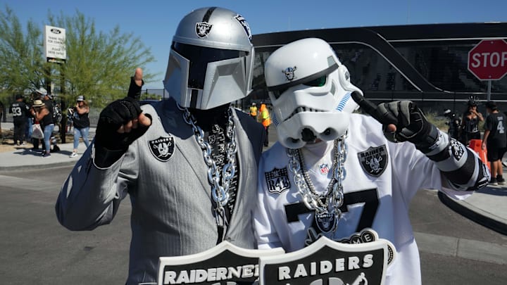 Sep 18, 2022; Paradise, Nevada, USA; Las Vegas Raiders fans in Star Wars storm trooper costumes tailgate before the game Arizona Cardinals at Allegiant Stadium. Mandatory Credit: Kirby Lee-USA TODAY Sports