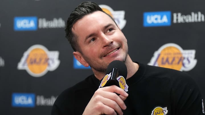 Jan 23, 2025; Los Angeles, California, USA; Los Angeles Lakers coach JJ Redick at a press conference at the Crypto.com Arena. Mandatory Credit: Kirby Lee-Imagn Images