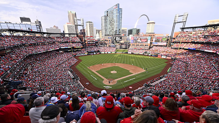 Mar 27, 2025; St. Louis, Missouri, USA;  A general view of Busch Stadium during the fifth inning of opening day between the St. Louis Cardinals and the Minnesota Twins. Mandatory Credit: Jeff Curry-Imagn Images