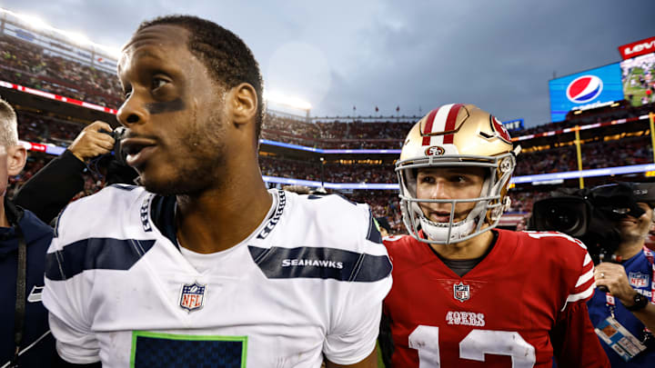 Seattle Seahawks quarterback Geno Smith (L) and San Francisco 49ers quarterback Brock Purdy (R)