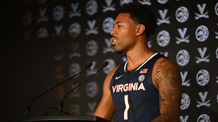 Oct 8, 2025; Charlotte, NC, USA; Virginia player Malik Thomas answers questions from the media at The Hilton Charlotte Uptown. Mandatory Credit: William Howard-Imagn Images Oct 8, 2025; Charlotte, NC, USA; Virginia player Malik Thomas answers questions from the media at The Hilton Charlotte Uptown. Mandatory Credit: William Howard-Imagn Images