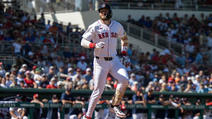 Mar 2, 2025; Fort Myers, Florida, USA; Boston Red Sox Trevor Story (10) reacts after getting hit with a pitch in the fifth inning of their game with the New York Mets at JetBlue Park at Fenway South. Mandatory Credit: Chris Tilley-Imagn Images Mar 2, 2025; Fort Myers, Florida, USA; Boston Red Sox Trevor Story (10) reacts after getting hit with a pitch in the fifth inning of their game with the New York Mets at JetBlue Park at Fenway South. Mandatory Credit: Chris Tilley-Imagn Images