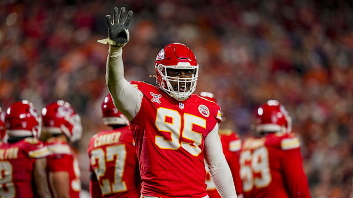Dec 25, 2025; Kansas City, Missouri, USA; Kansas City Chiefs defensive tackle Chris Jones (95) gestures to teh crowd during the third quarter at GEHA Field at Arrowhead Stadium. Mandatory Credit: Jay Biggerstaff-Imagn Images