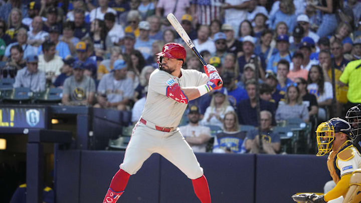 Sep 1, 2025; Milwaukee, Wisconsin, USA; Philadelphia Phillies outfielder Kyle Schwarber (12) prepares to bat in the fourth inning against the Milwaukee Brewers at American Family Field. Mandatory Credit: Michael McLoone-Imagn Images