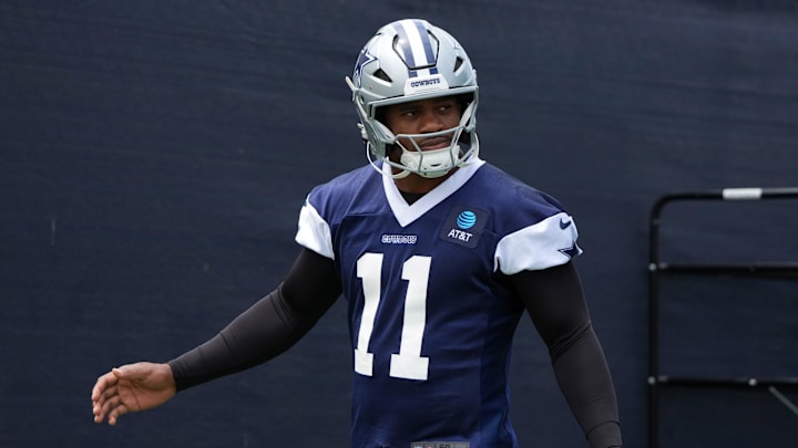 Jul 22, 2025; Oxnard, CA, USA; Dallas Cowboys defensive end Micah Parsons (11) during training camp at the River Ridge Fields. Mandatory Credit: Kirby Lee-Imagn Images