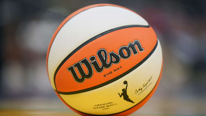 Jul 7, 2024; Los Angeles, California, USA; Detail view of a Wilson official WNBA Evo NXT basketball on the court at the Crypto.com Arena. Mandatory Credit: Kirby Lee-Imagn Images