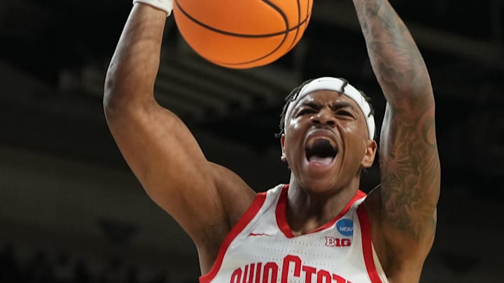 Mar 19, 2026; Greenville, SC, USA; Ohio State Buckeyes forward Amare Bynum (1) reacts after a dunk against the Texas Christian University Horned Frogs in the second half during a first round game of the men's 2026 NCAA Tournament at Bon Secours Wellness Arena. Mandatory Credit: Bob Donnan-Imagn Images He did.