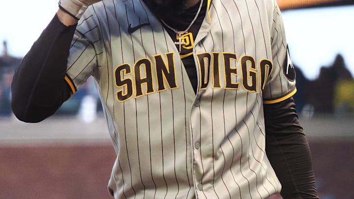 Jun 21, 2023; San Francisco, California, USA;  San Diego Padres right fielder Fernando Tatis Jr. (23) holds his helmet after a strike against the San Francisco Giants during the fifth inning at Oracle Park. Mandatory Credit: Kelley L Cox-Imagn Images