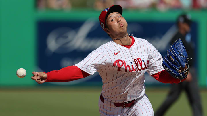 Feb 28, 2025; Clearwater, Florida, USA;  Philadelphia Phillies pitcher Koyo Aoyagi (31)  throws a pitch during the fourth inning against the Boston Red Sox at BayCare Ballpark