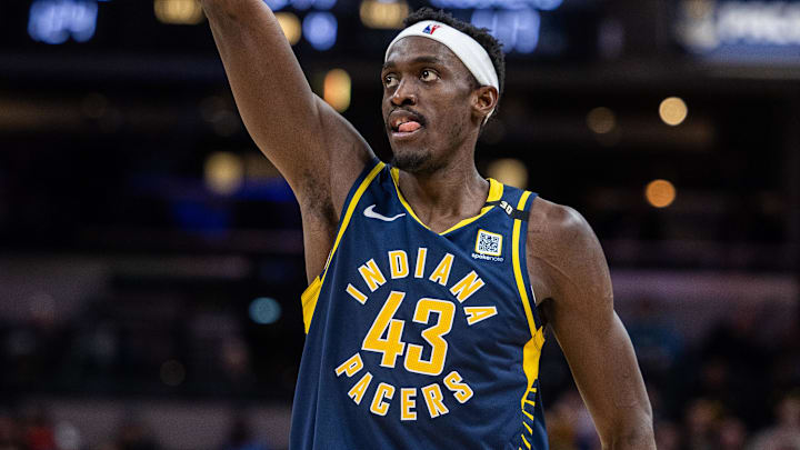 Feb 6, 2024; Indianapolis, Indiana, USA; Indiana Pacers forward Pascal Siakam (43) celebrates a made field goal. 