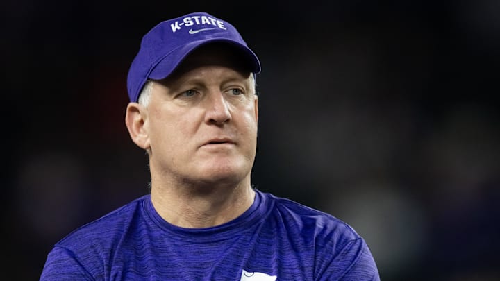 Dec 26, 2024; Phoenix, AZ, USA; Kansas State Wildcats head coach Chris Klieman prior to the game against the Rutgers Scarlet Knights during the Rate Bowl at Chase Field. Mandatory Credit: Mark J. Rebilas-Imagn Images