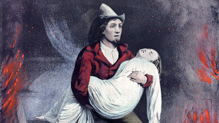An old-timey fireman with some dead weight.
