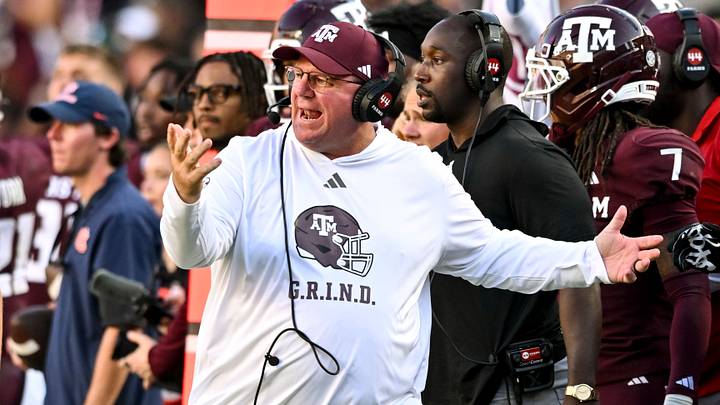 Sep 27, 2025; College Station, Texas, USA; Texas A&M Aggies head coach Mike Elko reacts during the third quarter against the Auburn Tigers at Kyle Field. Mandatory Credit: Maria Lysaker-Imagn Images Sep 27, 2025; College Station, Texas, USA; Texas A&M Aggies head coach Mike Elko reacts during the third quarter against the Auburn Tigers at Kyle Field. Mandatory Credit: Maria Lysaker-Imagn Images