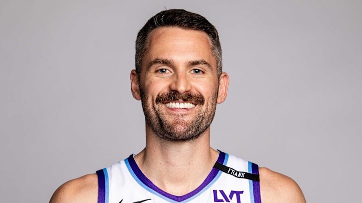 Sep 29, 2025; Salt Lake City, UT, USA; Utah Jazz forward Kevin Love poses for a portrait during the Media Day at Redman Studios. Mandatory Credit: Utah Jazz via Imagn Images