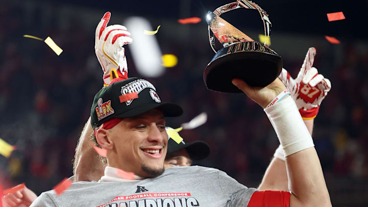 Jan 26, 2025; Kansas City, MO, USA; Kansas City Chiefs quarterback Patrick Mahomes (15) reacts on stage after the AFC Championship game against the Buffalo Bills at GEHA Field at Arrowhead Stadium. Mandatory Credit: Mark J. Rebilas-Imagn Images
