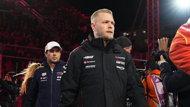 Nov 23, 2024; Las Vegas, Nevada, USA; Moneygram Haas F1 Team driver Kevin Magnussen of Denmark (20) leaves the Las Vegas Grand Prix drivers parade at the Las Vegas Circuit. Mandatory Credit: Lucas Peltier-Imagn Images
