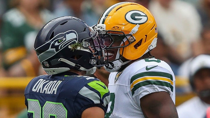 Green Bay Packers running back Josh Jacobs (8) exchanges words with Seattle Seahawks safety Ty Okada (39) after being tackled during their final preseason game on Saturday, August 23, 2025, at Lambeau Field in Green Bay, Wis.
Tork Mason/USA TODAY NETWORK-Wisconsin Green Bay Packers running back Josh Jacobs (8) exchanges words with Seattle Seahawks safety Ty Okada (39) after being tackled during their final preseason game on Saturday, August 23, 2025, at Lambeau Field in Green Bay, Wis.
Tork Mason/USA TODAY NETWORK-Wisconsin