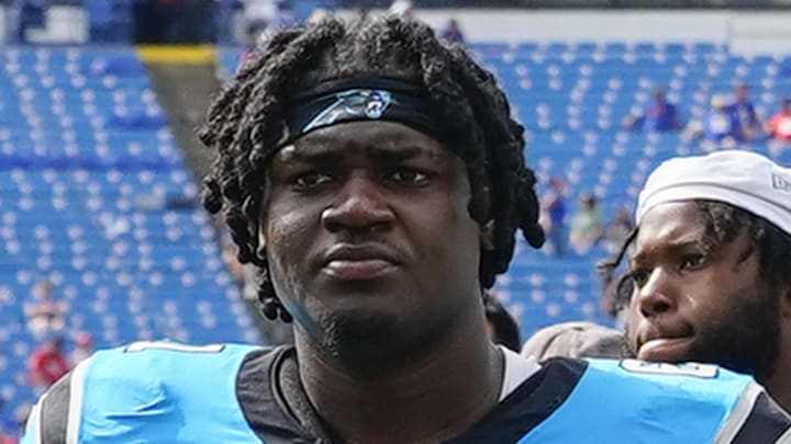 Aug 24, 2024; Orchard Park, New York, USA; Carolina Panthers offensive tackle Ricky Lee (61) after the game against the Buffalo Bills at Highmark Stadium.  