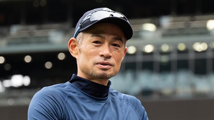 Former Seattle Mariner Ichiro Suzuki prior to the game between the Seattle Mariners and the Cleveland Guardians at T-Mobile Park in 2022.