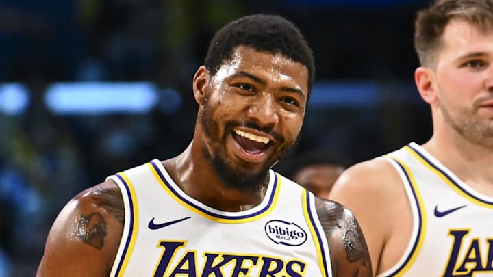 Nov 2, 2025; Los Angeles, California, USA; Los Angeles Lakers guard Marcus Smart (36) reacts with Los Angeles Lakers guard Luka Doncic (77) during a time out against the Miami Heat during the second half at Crypto.com Arena. Mandatory Credit: Jonathan Hui-Imagn Images Nov 2, 2025; Los Angeles, California, USA; Los Angeles Lakers guard Marcus Smart (36) reacts with Los Angeles Lakers guard Luka Doncic (77) during a time out against the Miami Heat during the second half at Crypto.com Arena. Mandatory Credit: Jonathan Hui-Imagn Images