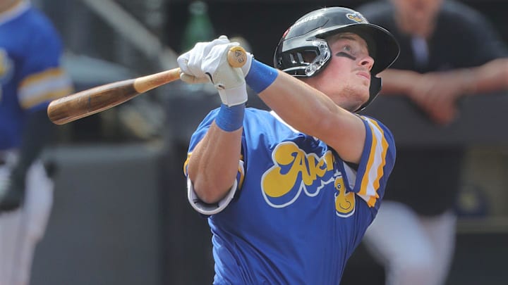 RubberDucks' Travis Bazzana follows a long fly ball to the wall in a game against the Altoona Curve on April 13, 2025, in Akron, Ohio. RubberDucks' Travis Bazzana follows a long fly ball to the wall in a game against the Altoona Curve on April 13, 2025, in Akron, Ohio.