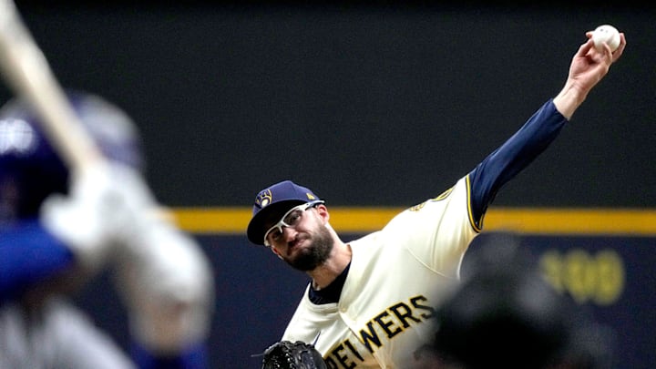 Milwaukee Brewers pitcher Aaron Ashby (26) pitches to Chicago Cubs second baseman Nico Hoerner (2) during the first inning of the National League Division Series game at American Family Field in Milwaukee, Wisconsin on Oct. 6, 2025. Milwaukee Brewers pitcher Aaron Ashby (26) pitches to Chicago Cubs second baseman Nico Hoerner (2) during the first inning of the National League Division Series game at American Family Field in Milwaukee, Wisconsin on Oct. 6, 2025.