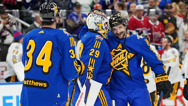 Feb 3, 2024; Toronto, Ontario, CAN; Team Matthews left wing Filip Forsberg (9) of the Nashville Predators celebrates with Team Matthews goalkeeper Jake Oettinger (29) of the Dallas Stars after winning the 2024 NHL All-Star Game at Scotiabank Arena. Mandatory Credit: Nick Turchiaro-Imagn Images