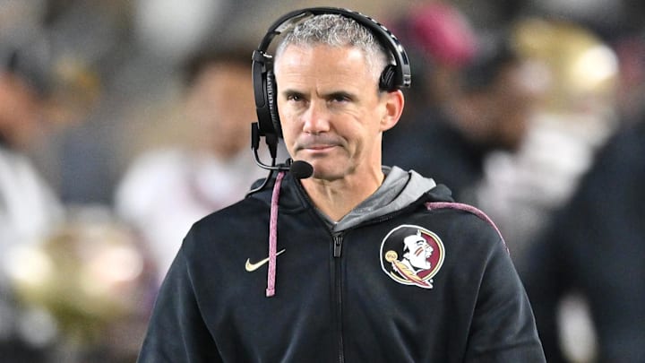 Nov 9, 2024; South Bend, Indiana, USA; Florida State Seminoles head coach Mike Norvell watches in the third quarter against the Notre Dame Fighting Irish at Notre Dame Stadium. Mandatory Credit: Matt Cashore-Imagn Images
