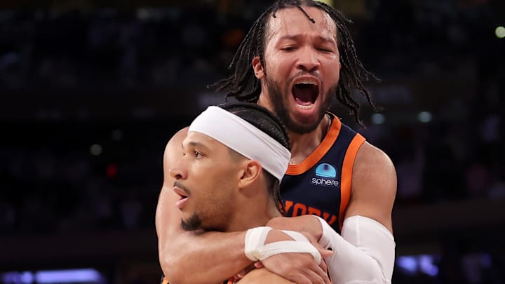 Feb 26, 2024; New York, New York, USA; New York Knicks guard Jalen Brunson (11) celebrates with