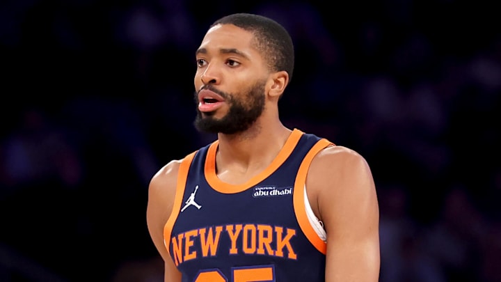 Feb 26, 2025; New York, New York, USA; New York Knicks forward Mikal Bridges (25) reacts after a shot against the Philadelphia 76ers during the first quarter at Madison Square Garden. Mandatory Credit: Brad Penner-Imagn Images