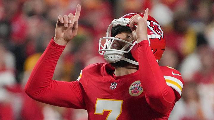Oct 27, 2025; Kansas City, Missouri, USA; Kansas City Chiefs kicker Harrison Butker (7) celebrates after making the extra point after a touchdown against the Washington Commanders during the fourth quarter of the game at GEHA Field at Arrowhead Stadium. Mandatory Credit: Denny Medley-Imagn Images Oct 27, 2025; Kansas City, Missouri, USA; Kansas City Chiefs kicker Harrison Butker (7) celebrates after making the extra point after a touchdown against the Washington Commanders during the fourth quarter of the game at GEHA Field at Arrowhead Stadium. Mandatory Credit: Denny Medley-Imagn Images